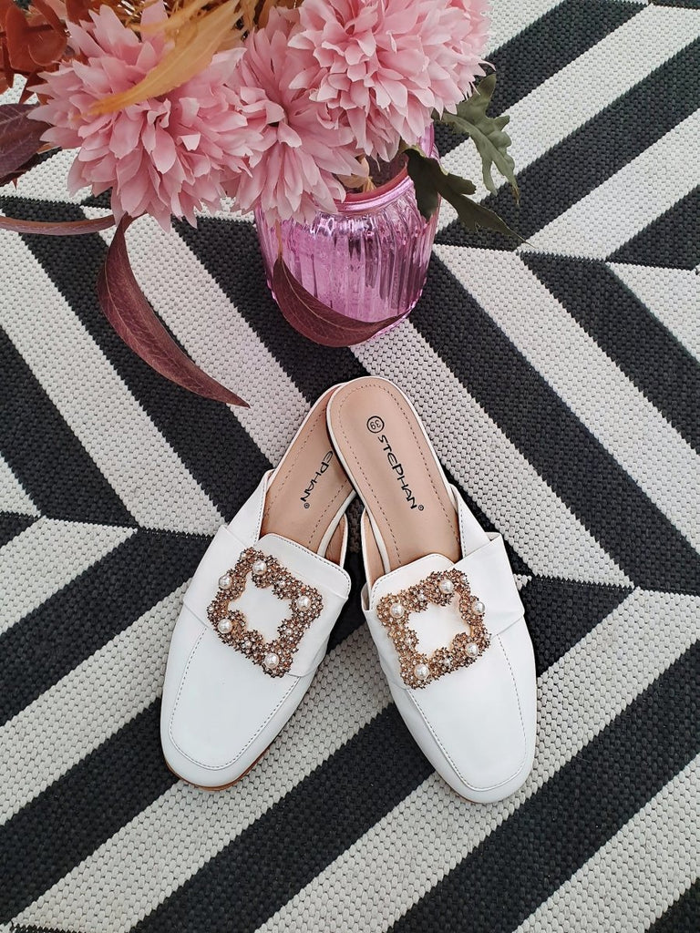 DMB White Embellished Mules - Daisy Mae Boutique