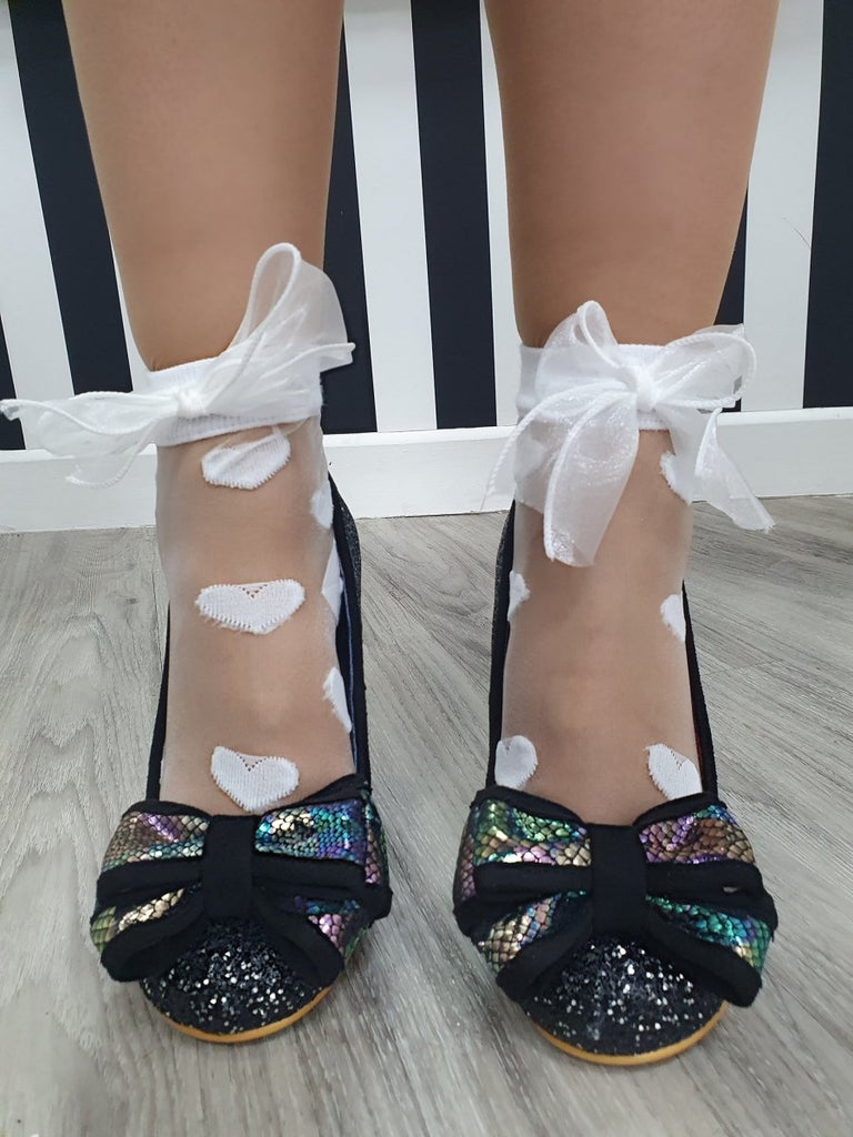 DMB White Heart Print Organza Bow Ankle Socks - Daisy Mae Boutique