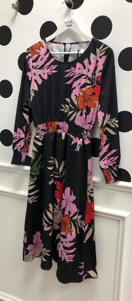 Maisy Black Floral Shirred Waist Dress - Daisy Mae Boutique