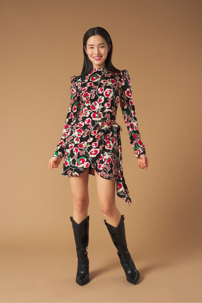 Minueto Garland Black / Red Floral Mini Dress - Daisy Mae Boutique