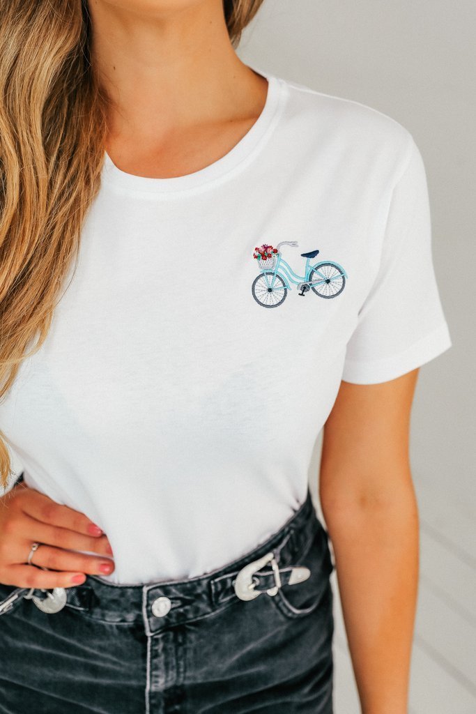 Olive & Frank White Bicycle Embroidery Tee - Daisy Mae Boutique
