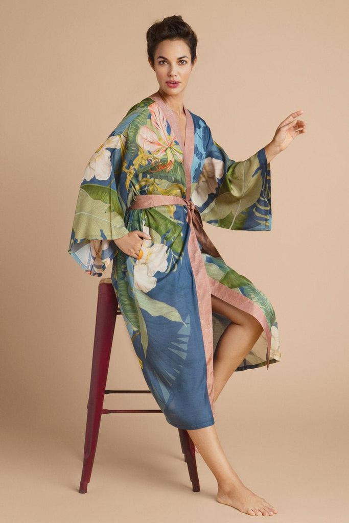 Powder Delicate Tropics Kimono Gown Indigo - Daisy Mae Boutique