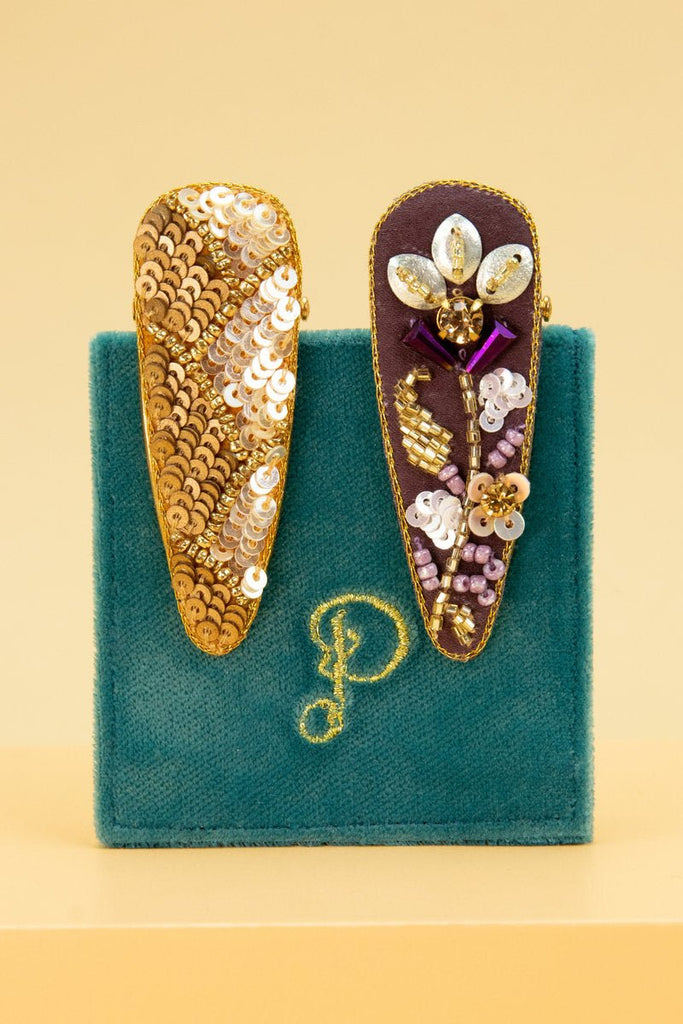 Powder Jewelled Hair Clips (Pack of 2) Mulberry/Gold - Daisy Mae Boutique