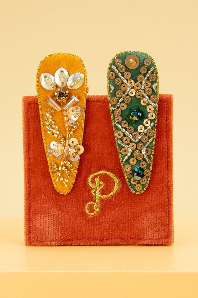 Powder Jewelled Hair Clips (Pack of 2) Teal/Mustard - Daisy Mae Boutique