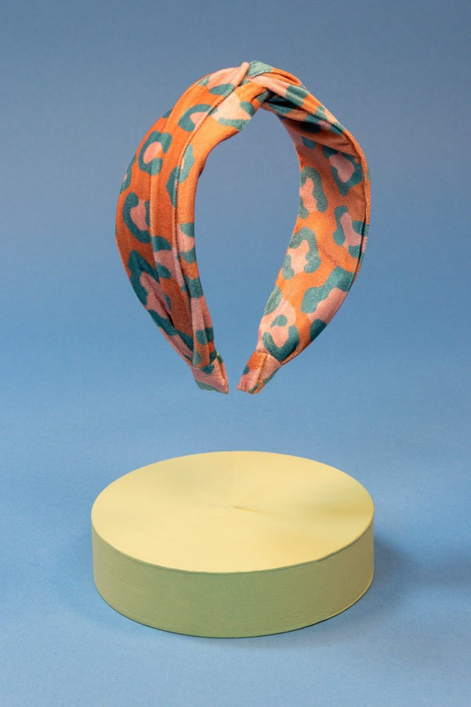 Powder Printed Velvet Leopard Coral / Teal Headband - Daisy Mae Boutique