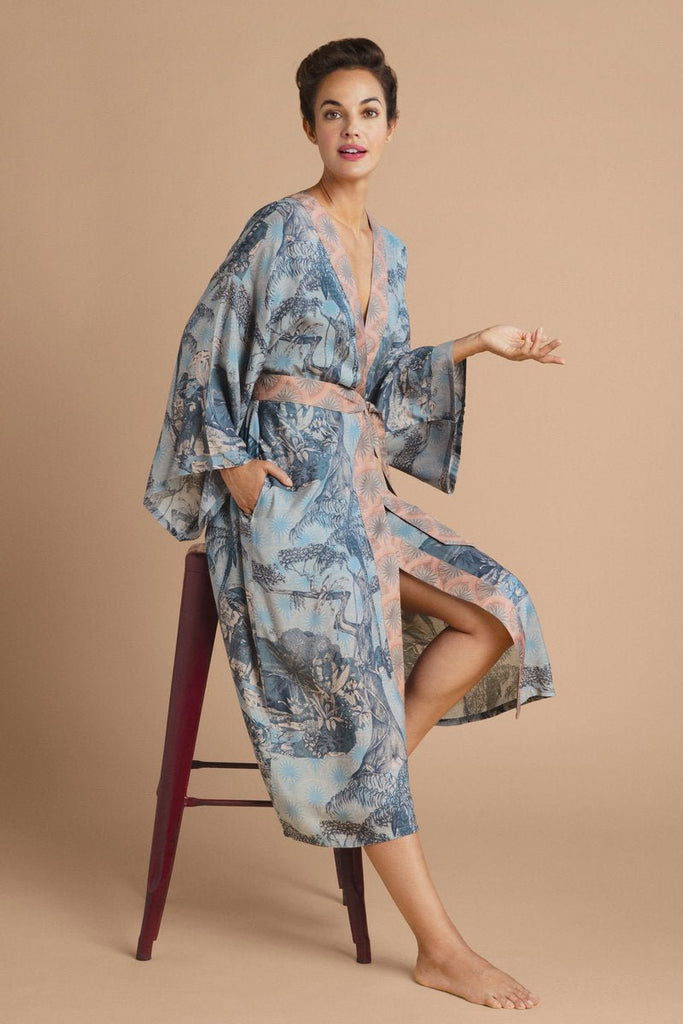 Powder Tropical Toile Kimono Gown Denim And Petal - Daisy Mae Boutique