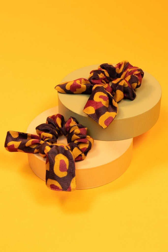 Powder Velvet Scrunchies Damson / Mustard Leopard 2 Pack - Daisy Mae Boutique