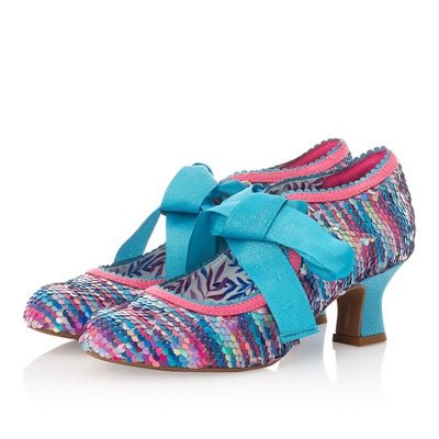 Ruby Shoo Low Heel Ribbon Tie Shoe Peyton in Aqua Sequins - Daisy Mae Boutique