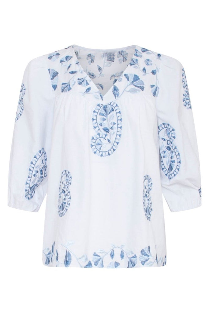 Smashed Lemon White Blue Embroidered Top - Daisy Mae Boutique